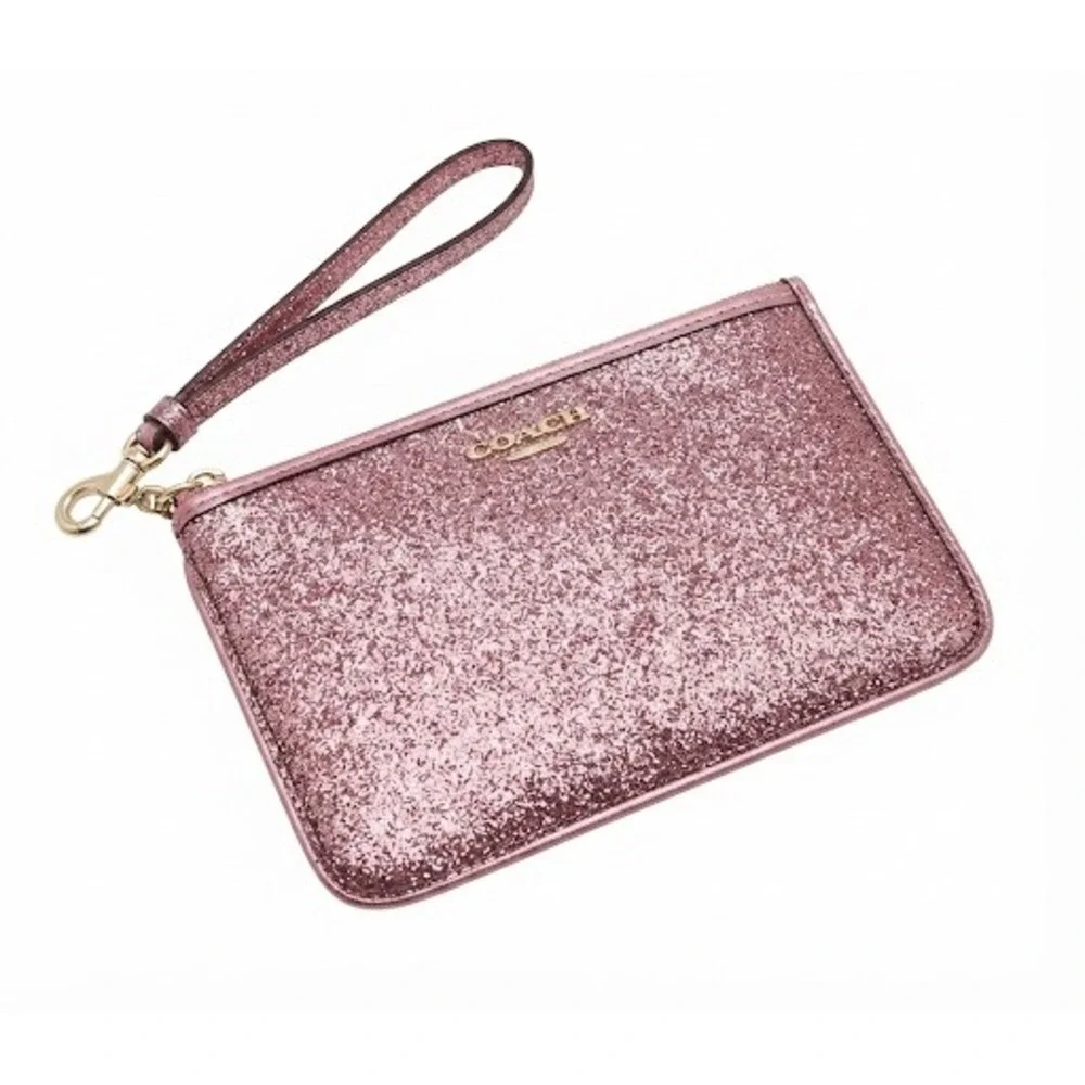 Coach Pink Glitter Wristlet‎ Gold Tone Hardware Zip Top Pouch with Card Slots